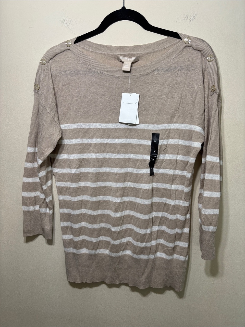 Banana Republic Beige and White Striped Lightweight Boatneck Sweater